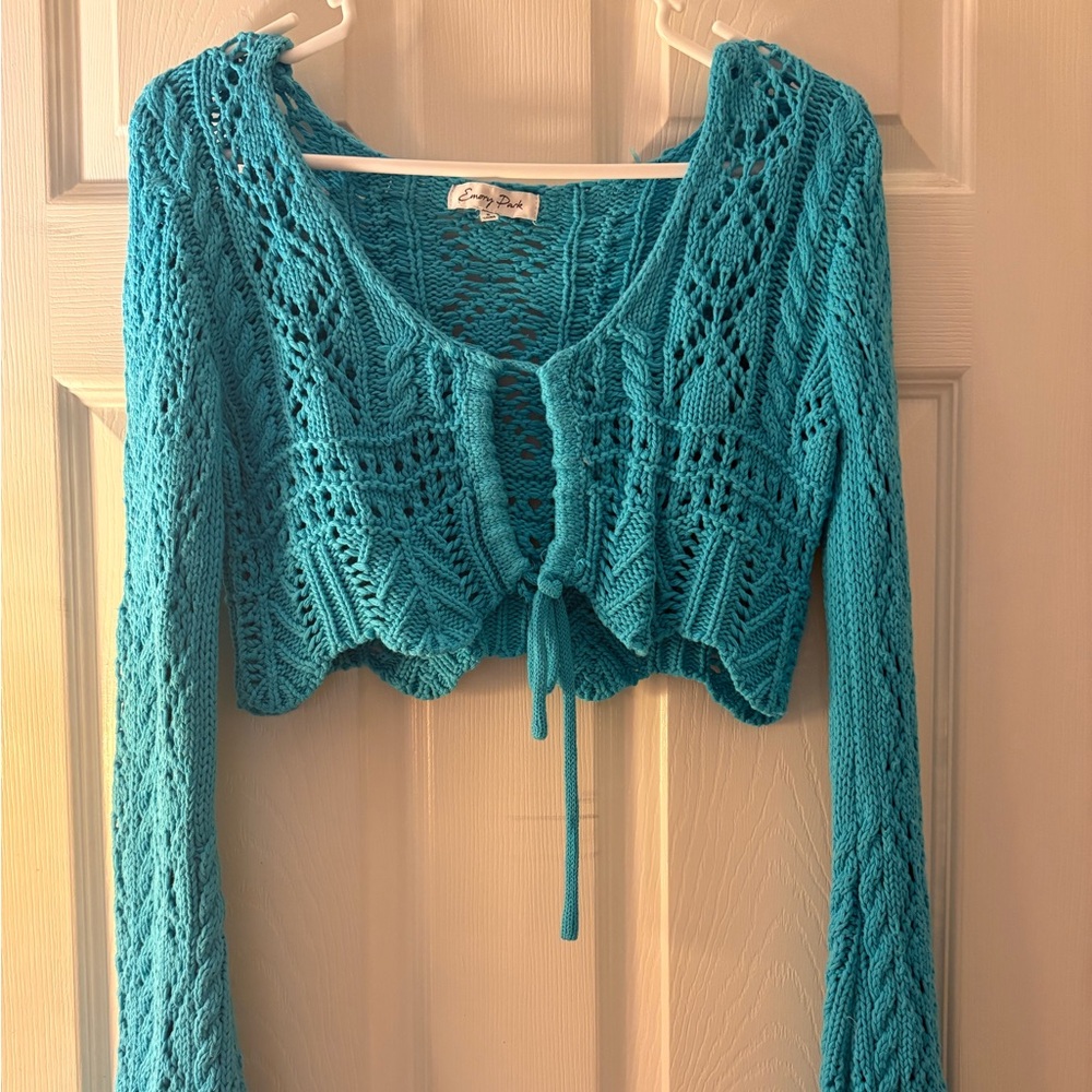 Turquoise Emory Park Crocheted Cropped Long Sleeve Top